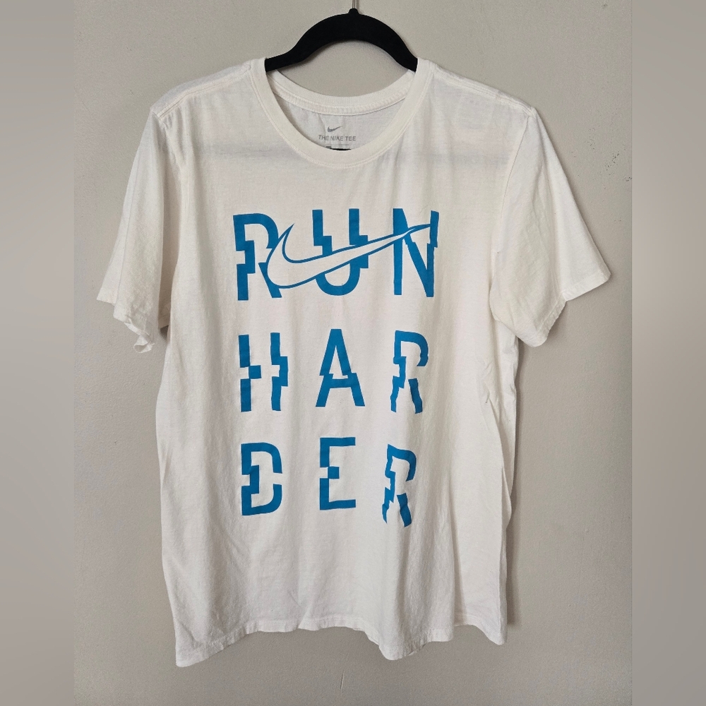 Nike Men's White Tee with Blue 'Run Harder' Graphic